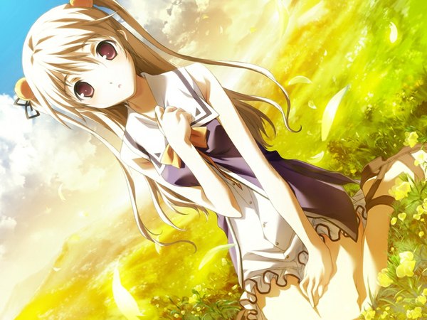 Anime picture 1024x768 with baldr (series) baldr sky baldr sky dive 2 giga minazuki sora single long hair blonde hair red eyes sitting bare shoulders game cg cloud (clouds) sunlight two side up hand on chest hair bell girl hair ornament bow