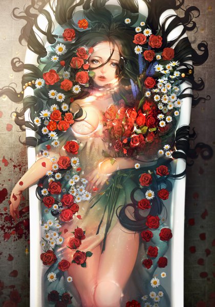 Anime picture 2173x3106 with original majo single long hair tall image highres light erotic black hair hair between eyes signed lying hair flower from above wet grey eyes partially submerged blood stains girl dress flower (flowers)