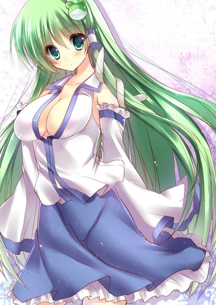 Anime picture 1002x1416 with touhou kochiya sanae amane ruri single long hair tall image breasts light erotic green eyes green hair miko girl hair ornament detached sleeves hair tubes