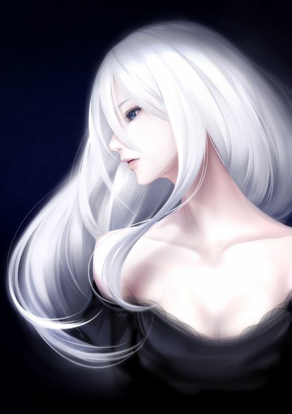 Anime picture 724x1024 with original erise single long hair tall image blue eyes bare shoulders looking away white hair lips realistic dark background girl