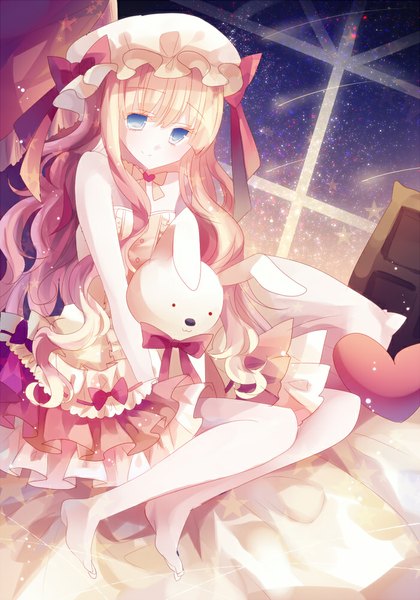 Anime picture 700x1000 with original filiananna single long hair tall image looking at viewer blush blue eyes blonde hair sitting barefoot light smile night night sky meteor rain girl dress bow animal food