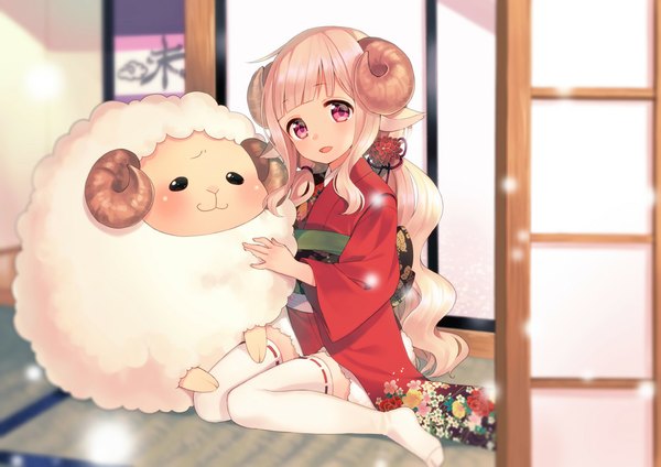 Anime picture 1000x707 with original midorikawa you long hair looking at viewer fringe open mouth blonde hair sitting animal ears indoors traditional clothes japanese clothes pink eyes hair flower horn (horns) no shoes floral print new year 2015 sheep girl