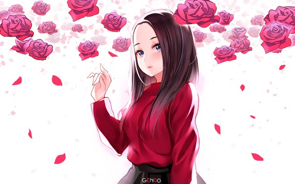 Anime picture 1603x1000 with real life lee hi gendo0032 single long hair looking at viewer blush blue eyes black hair wide image standing white background signed upper body long sleeves arm up inscription pale skin floral background girl