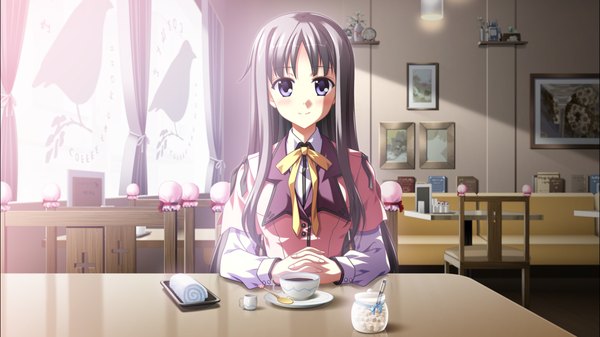 Anime picture 1278x718 with supipara nanao naru long hair blush black hair wide image purple eyes game cg girl uniform school uniform