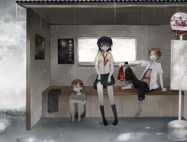 Anime picture 1500x1138 with original punpun (artist) short hair black hair brown hair barefoot wet no shoes rain girl boy skirt serafuku bus stop