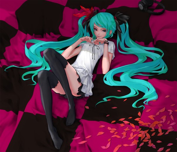 Anime picture 1200x1031 with vocaloid world is mine (vocaloid) hatsune miku redjuice single long hair blue eyes smile twintails lying very long hair scan aqua hair zettai ryouiki girl thighhighs dress skirt petals white dress