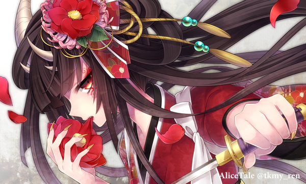 Anime picture 1954x1181 with original takamiya ren single long hair looking at viewer highres black hair red eyes wide image traditional clothes japanese clothes hair flower horn (horns) facial mark girl hair ornament flower (flowers) petals