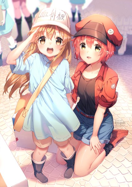 Anime picture 900x1273 with hataraku saibou david production platelet (hataraku saibou) ae-3803 red blood cell (hataraku saibou) rosuuri long hair tall image looking at viewer blush fringe breasts open mouth blonde hair smile hair between eyes standing multiple girls brown eyes signed