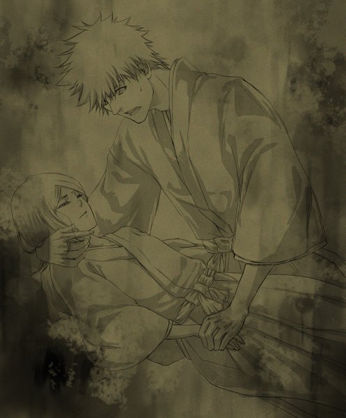 Anime picture 2169x2620 with bleach studio pierrot kurosaki ichigo kuchiki rukia tamaki (artist) tall image highres short hair open mouth sitting lying eyes closed traditional clothes japanese clothes couple holding hands monochrome shinigami gotei girl