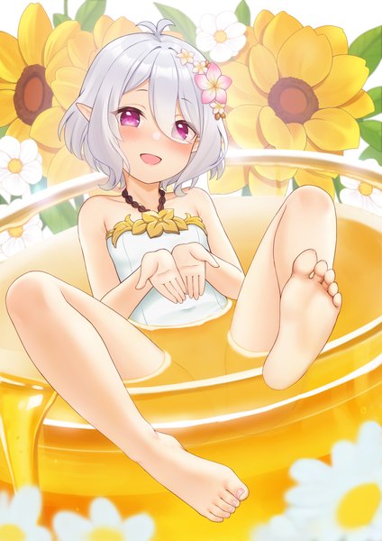 Anime picture 2480x3509 with princess connect! re:dive princess connect! kokkoro (princess connect!) fukuro ko (greentea) single tall image looking at viewer blush fringe highres short hair open mouth light erotic smile hair between eyes purple eyes ahoge bent knee (knees) white hair head tilt