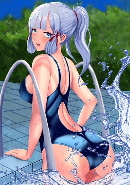 Anime-Bild 3508x4961 mit genshin impact kamisato ayaka ronikx art single long hair tall image looking at viewer fringe highres breasts open mouth blue eyes light erotic standing payot blue hair absurdres sky outdoors ass