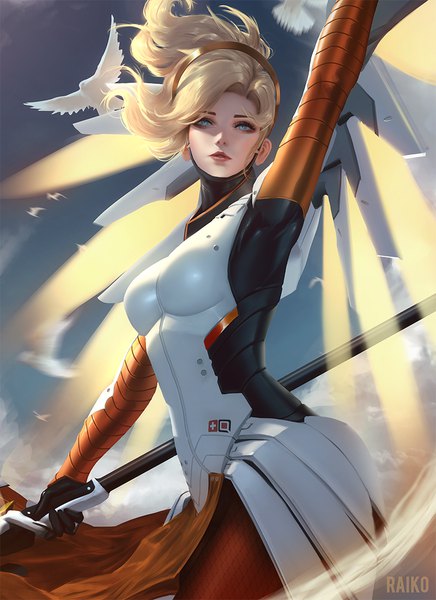 Anime picture 800x1100 with overwatch blizzard entertainment mercy (overwatch) raikoart single tall image short hair blue eyes blonde hair signed sky cloud (clouds) ponytail arm up wind realistic looking up shaded face mechanical wings girl