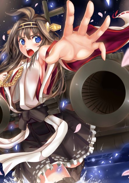 Anime picture 2480x3507 with kantai collection kongou battleship hasaya single long hair tall image blush highres open mouth blue eyes brown hair ahoge nontraditional miko girl hair ornament weapon petals water