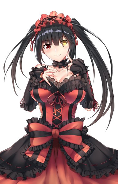 Anime picture 4500x7000 with date a live tokisaki kurumi zhi jiyang single long hair tall image looking at viewer blush fringe highres breasts light erotic black hair simple background smile hair between eyes red eyes large breasts standing white background