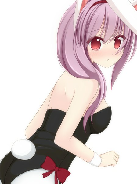 Anime picture 950x1269 with touhou reisen udongein inaba chimunge single long hair tall image looking at viewer blush light erotic simple background red eyes white background animal ears purple hair tail animal tail bunny ears bunny girl bunny tail girl