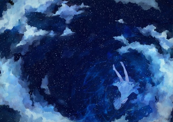 Anime picture 1200x848 with original 72 (nananatsu) short hair sky cloud (clouds) barefoot from behind night night sky reflection fantasy weightlessness girl dress water