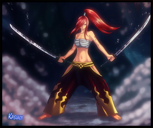 Anime picture 1024x858 with fairy tail erza scarlet kasukiii single long hair fringe bare shoulders brown eyes ponytail red hair barefoot hair over one eye midriff tattoo coloring smoke framed girl navel weapon