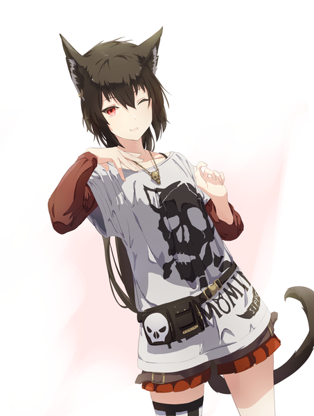 Anime picture 1881x2490 with original mikisai single long hair tall image looking at viewer fringe highres open mouth black hair simple background hair between eyes red eyes standing white background animal ears payot tail long sleeves animal tail