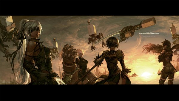 Anime picture 1920x1089 with rwby nier nier:automata rooster teeth yorha no. 2 type b ruby rose weiss schnee blake belladonna yang xiao long pod (nier:automata) dishwasher1910 long hair highres short hair black hair wide image multiple girls signed sky silver hair
