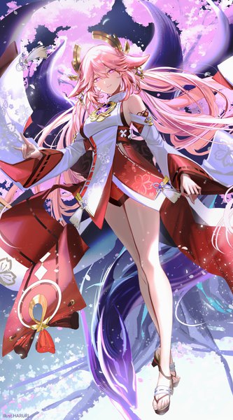 Anime picture 2000x3600 with genshin impact yae miko haruri single long hair tall image fringe highres smile hair between eyes animal ears pink hair full body traditional clothes japanese clothes pink eyes bare legs from below fox ears cherry blossoms