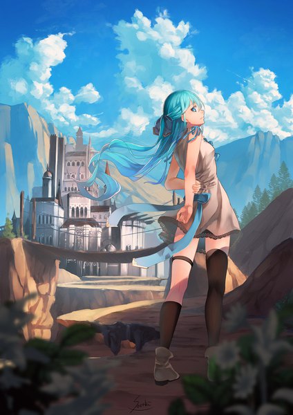 Anime picture 1202x1699 with original lee-chan (saraki) saraki single long hair tall image looking at viewer fringe blue eyes standing signed sky cloud (clouds) braid (braids) profile looking back wind blurry depth of field holding arm