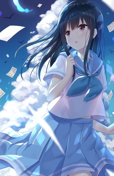 Anime picture 779x1200 with hibike! euphonium kyoto animation yoroizuka mizore yano mitsuki single long hair tall image blush fringe black hair hair between eyes red eyes standing holding payot looking away sky cloud (clouds) outdoors parted lips