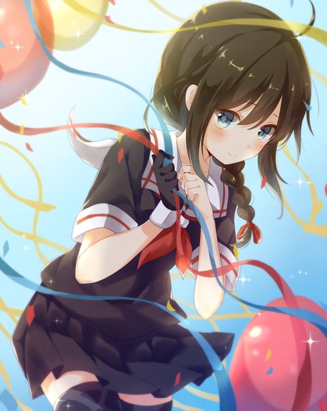 Anime picture 797x1000 with kantai collection shigure destroyer emilion single long hair tall image looking at viewer blush fringe blue eyes smile hair between eyes brown hair holding payot ahoge braid (braids) pleated skirt blurry sparkle