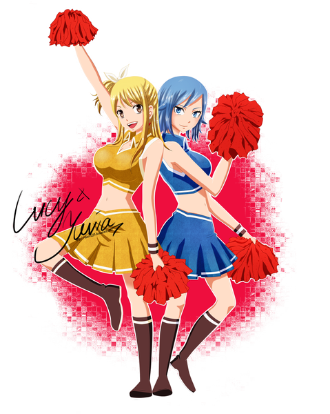 Anime picture 1027x1286 with fairy tail lucy heartfilia juvia lockser enara123 tall image short hair open mouth blue eyes blonde hair smile multiple girls brown eyes blue hair ponytail pleated skirt inscription coloring side ponytail transparent background cheerleader