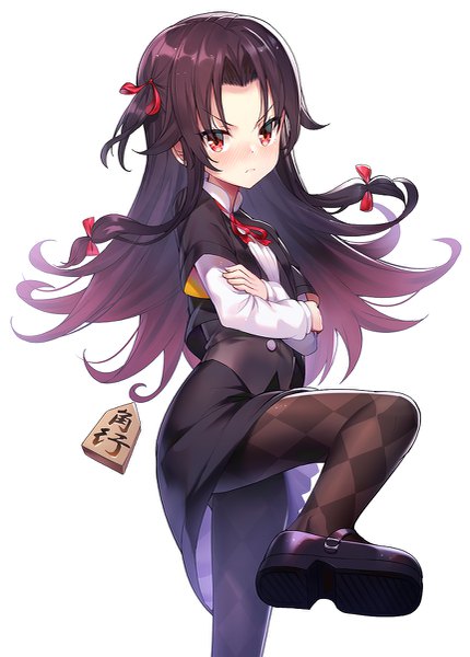 Anime picture 861x1200 with ryuuou no oshigoto! yashajin ai ririko (zhuoyandesailaer) single long hair tall image looking at viewer blush fringe simple background hair between eyes red eyes brown hair standing white background long sleeves fingernails one side up standing on one leg gradient hair
