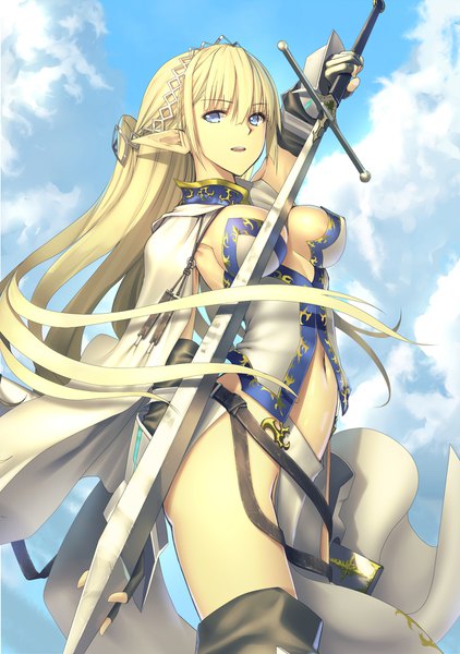 Anime picture 1506x2140 with original kawanakajima single long hair tall image looking at viewer fringe breasts open mouth blue eyes light erotic blonde hair hair between eyes large breasts standing holding sky cleavage cloud (clouds) wind