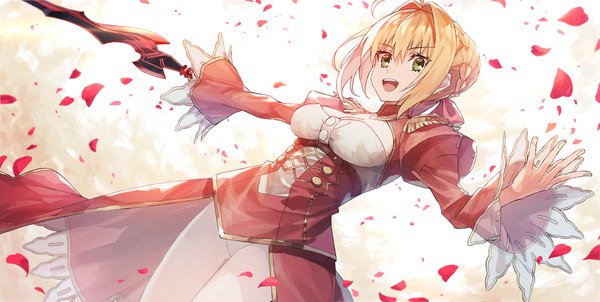 Anime picture 2000x1008 with fate (series) fate/extra nero claudius (fate) (all) nero claudius (fate) k-me single fringe highres short hair breasts open mouth light erotic blonde hair hair between eyes wide image green eyes looking away cleavage :d from below