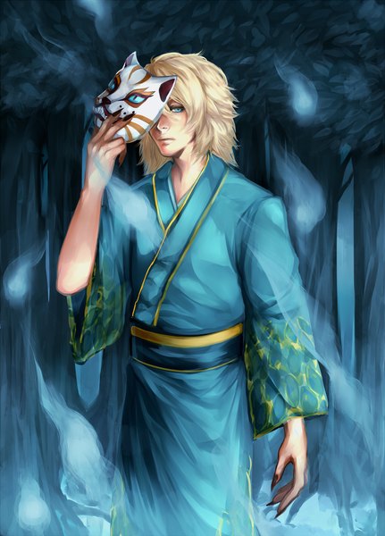 Anime picture 1079x1500 with original antique-teacup single tall image short hair blue eyes blonde hair nail polish traditional clothes fingernails long fingernails boy plant (plants) tree (trees) mask fox mask