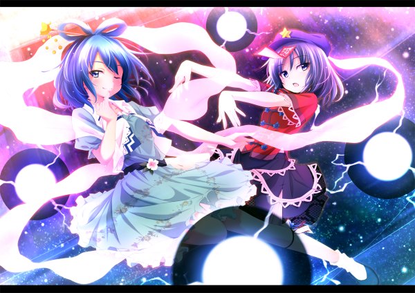 Anime picture 1200x848 with touhou kaku seiga miyako yoshika sui. (ayase) short hair open mouth blue eyes multiple girls blue hair purple hair one eye closed wink girl dress hair ornament 2 girls star (symbol) flat cap shawl ofuda