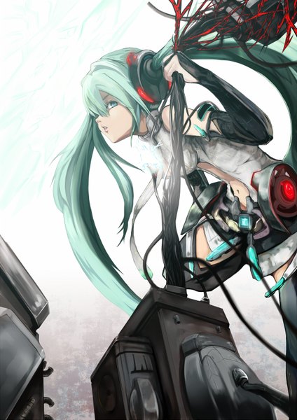 Anime picture 1080x1527 with vocaloid vocaloid append hatsune miku hatsune miku (append) hitosashiyubi (artist) long hair tall image twintails aqua eyes aqua hair girl navel wire (wires) android