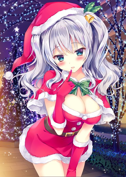 Anime picture 1200x1680 with kantai collection kashima training cruiser kimishima ao single long hair tall image looking at viewer blush breasts open mouth blue eyes light erotic cleavage white hair finger to mouth christmas girl gloves plant (plants) hat