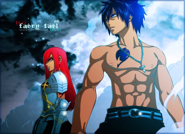 Anime picture 1280x931 with fairy tail erza scarlet gray fullbuster akagami707 fringe blue eyes red eyes blue hair red hair hair over one eye inscription tattoo night sky coloring topless smoke muscle girl boy armor