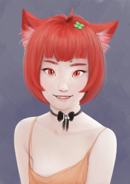 Anime picture 1920x2716 with original milk (jubi) jubi (regiana) single tall image looking at viewer fringe highres short hair light erotic smile red eyes bare shoulders signed animal ears red hair blunt bangs parted lips cat ears realistic