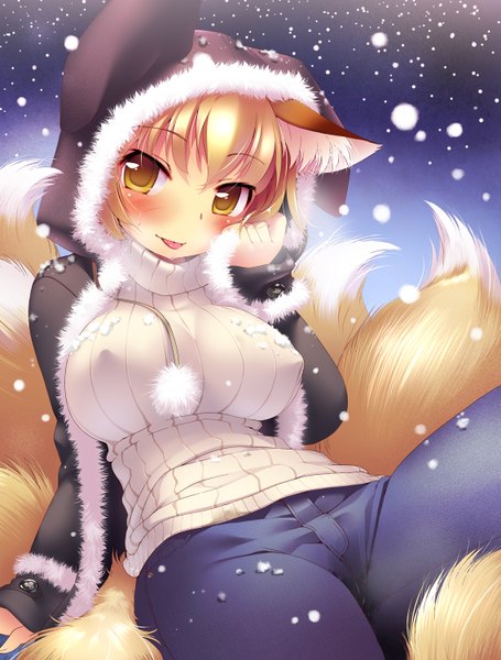 Anime picture 1137x1498 with touhou yakumo ran ikuta takanon single tall image looking at viewer blush short hair breasts light erotic blonde hair large breasts yellow eyes erect nipples fox ears fox tail covered nipples snowing winter :p