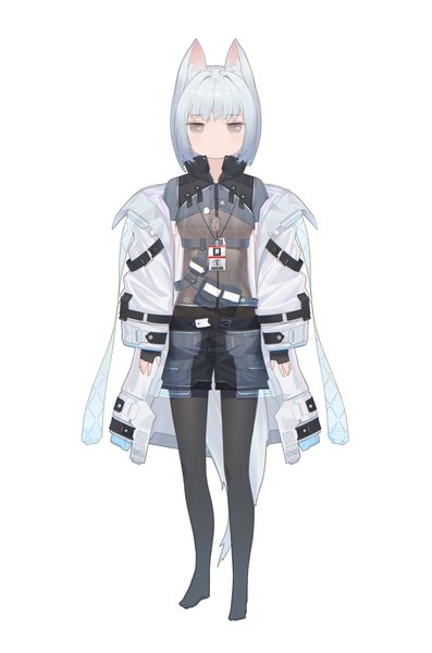 Anime-Bild 2708x4096 mit original puremage single tall image looking at viewer fringe highres short hair breasts simple background standing white background animal ears silver hair full body tail long sleeves animal tail off shoulder open jacket