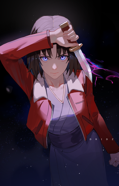 Anime picture 2689x4195 with kara no kyoukai type-moon ryougi shiki drid single tall image looking at viewer highres short hair blue eyes black hair simple background traditional clothes japanese clothes from above open jacket black background girl jacket kimono