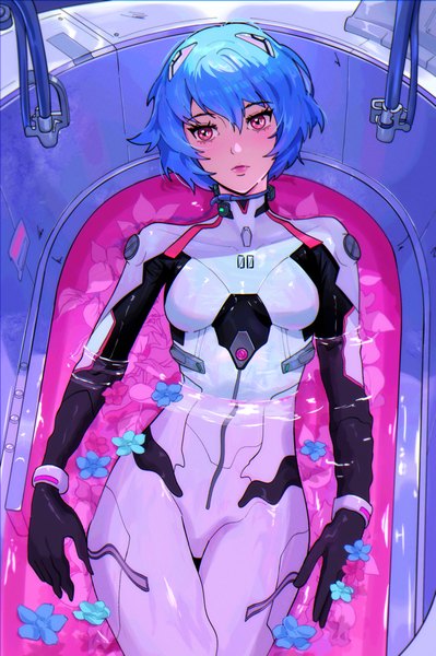Anime picture 2477x3722 with neon genesis evangelion gainax ayanami rei eggychan bclarissart single tall image fringe highres short hair hair between eyes blue hair looking away pink eyes partially submerged girl flower (flowers) bodysuit pilot suit