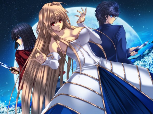 Anime picture 1250x930 with shingetsutan tsukihime kara no kyoukai type-moon ryougi shiki arcueid brunestud nanaya shiki toono shiki juri (shiningred) long hair looking at viewer short hair breasts blue eyes black hair blonde hair red eyes large breasts bare shoulders multiple girls ahoge