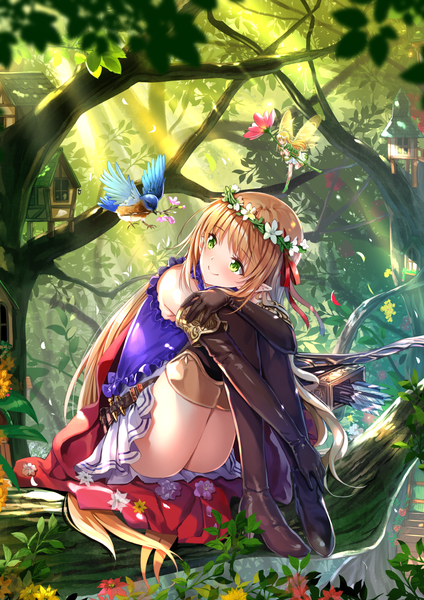 Anime-Bild 1102x1560 mit shadowverse arisa (shadowverse) swordsouls long hair tall image blush fringe light erotic blonde hair sitting multiple girls holding green eyes looking away full body pointy ears sunlight fantasy sunbeam fairy