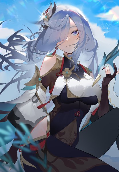 Anime picture 2425x3508 with genshin impact shenhe (genshin impact) cloud retainer (genshin impact) yoyo (550098) single long hair tall image looking at viewer blush fringe highres breasts blue eyes sky silver hair cloud (clouds) outdoors parted lips hair over one eye sparkle