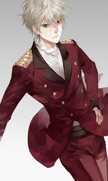 Anime picture 496x827 with aldnoah.zero a-1 pictures slaine troyard peridotz single tall image looking at viewer fringe short hair simple background hair between eyes standing green eyes silver hair grey background hand on hip double buttons boy uniform buttons