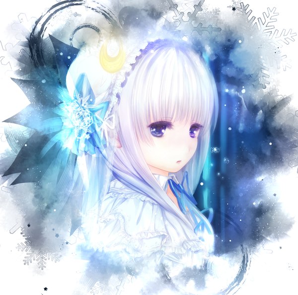 Anime picture 1800x1784 with touhou patchouli knowledge catbell single long hair looking at viewer highres purple eyes snowing crescent girl ribbon (ribbons) frills hood moon snowflake (snowflakes) pajamas