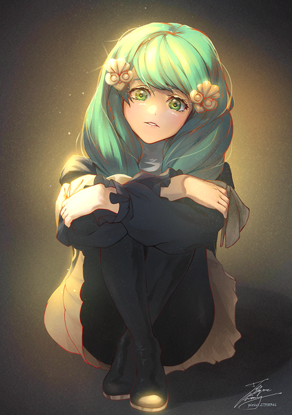 Anime picture 847x1200 with fire emblem fire emblem: three houses nintendo flayn (fire emblem) fadingz single long hair tall image looking at viewer fringe light erotic simple background green eyes signed full body bent knee (knees) long sleeves parted lips head tilt aqua hair