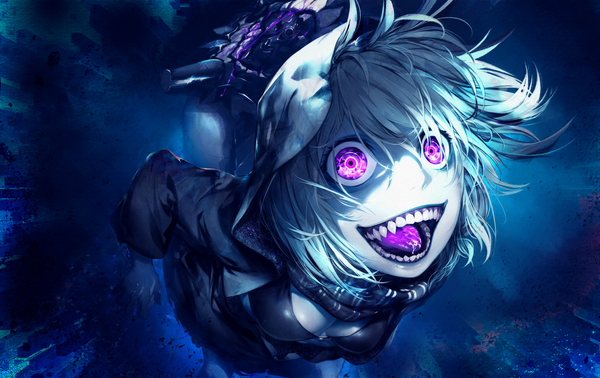 Anime picture 1900x1200 with kantai collection re-class battleship kodama (wa-ka-me) single tall image looking at viewer highres short hair breasts open mouth smile purple eyes white hair tail teeth glowing face glowing eye (eyes) underwater sharp teeth