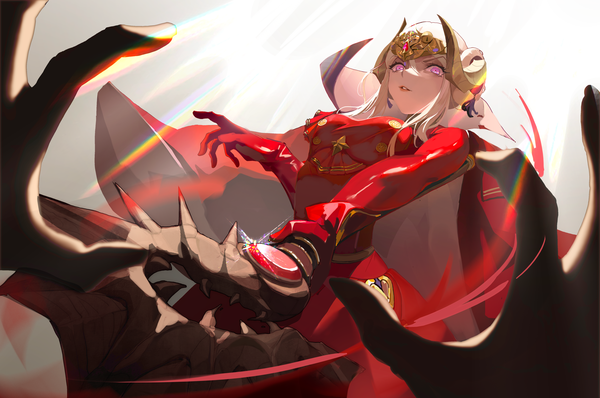 Anime picture 4961x3287 with fire emblem fire emblem: three houses nintendo edelgard von hresvelg dingzi looking at viewer highres short hair simple background purple eyes holding payot absurdres white hair parted lips horn (horns) sunlight grey background sparkle from below