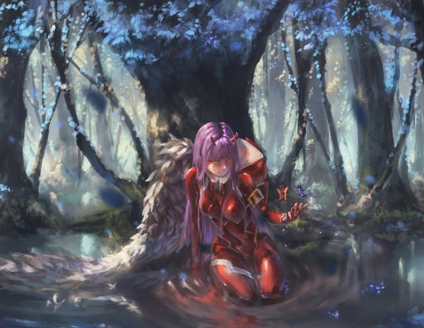 Anime picture 3100x2400 with darling in the franxx studio trigger zero two (darling in the franxx) song ren single long hair fringe highres sitting green eyes looking away pink hair absurdres full body outdoors blunt bangs horn (horns) arm support partially submerged traditional media